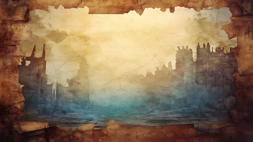 Ruined fortress skyline within weathered parchment frame.