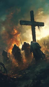 Stormlit pilgrims gather beneath a charred wooden cross.