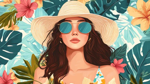 Tropical chromatic portrait of woman in hat and mirrored lenses.