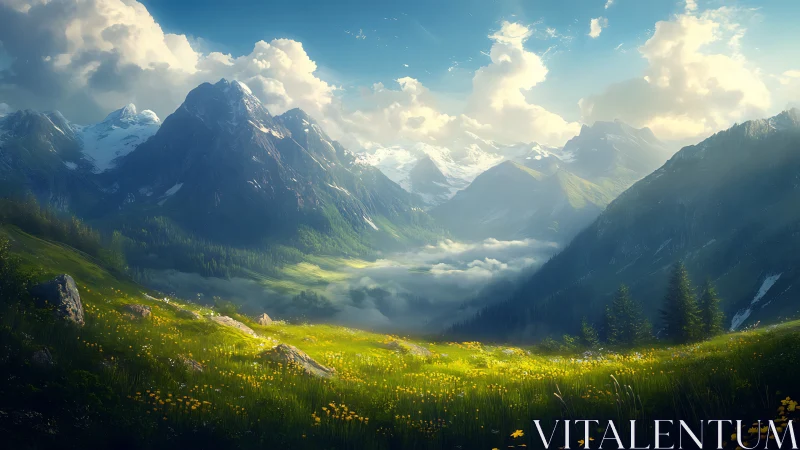 Mountain valley shows bright meadow under dramatic clouds