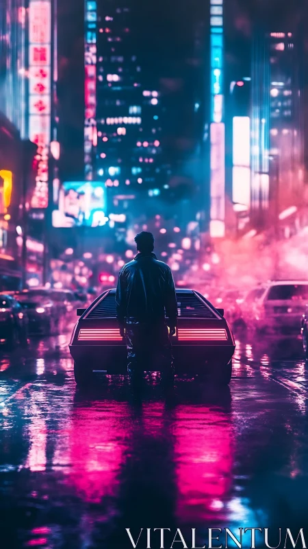 Lone driver faces neon cityscape beside retro cyber car