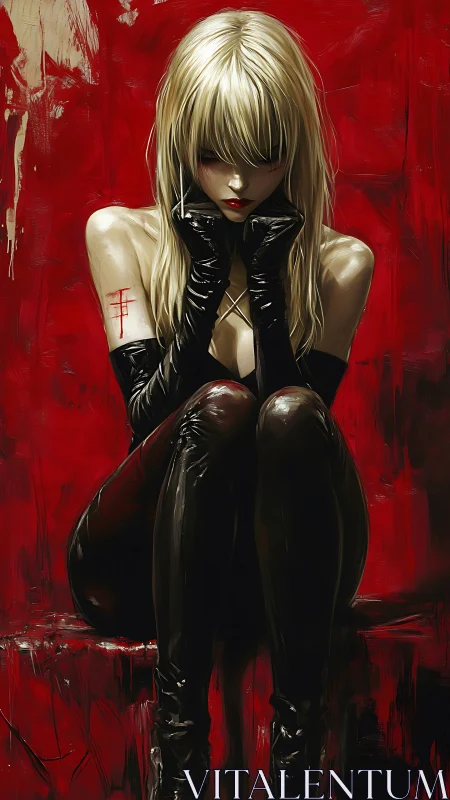 Digital painting of seated femme fatale with crimson groundplane.