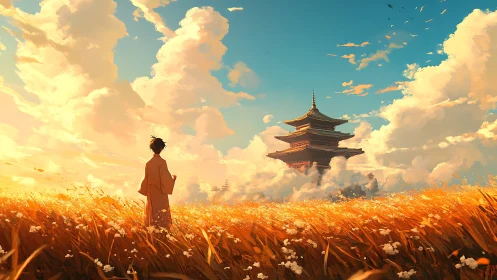 Solitary figure observes distant pagoda across golden field