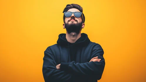 Male figure in hoodie and sunglasses stands before orange backdrop