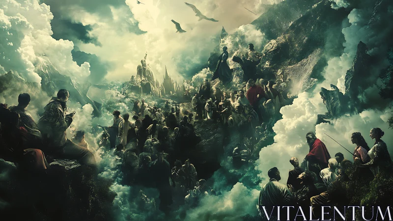 Crowded mountainous gathering within dense cloud formations.