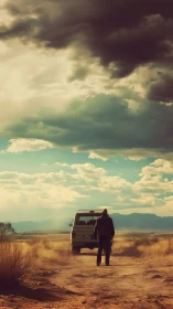 Solitary driver on dusty desert track under brooding storm