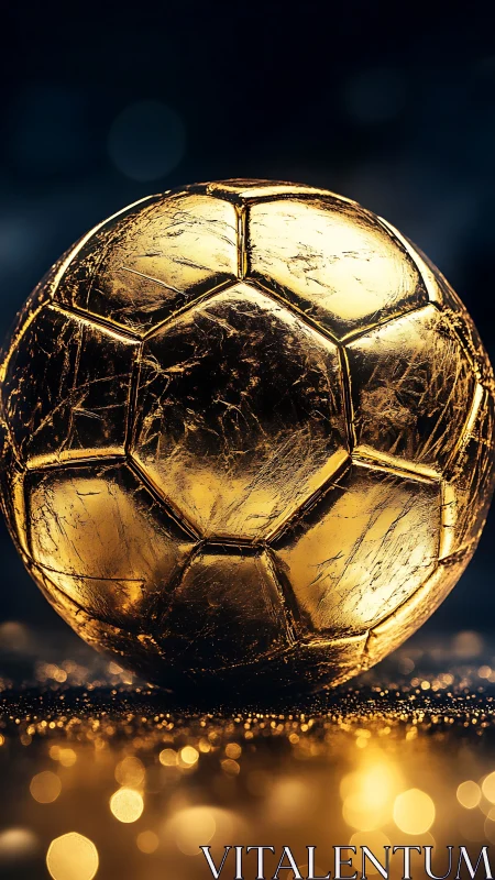 Golden soccer ball close-up on dark background with bokeh.