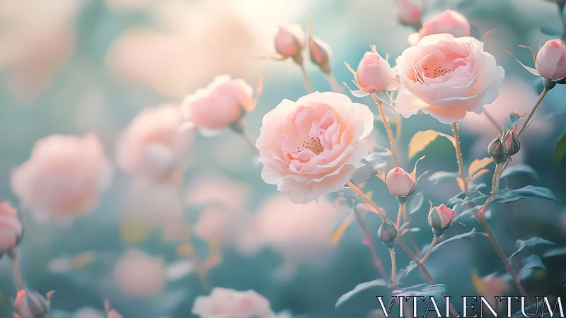 Soft-focus blush pink garden roses with selective depth rendering technique