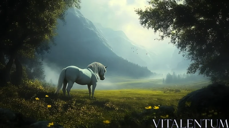 White horse stands in misty mountain meadow at sunrise