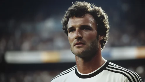 Male football player in striped jersey under stadium lights.