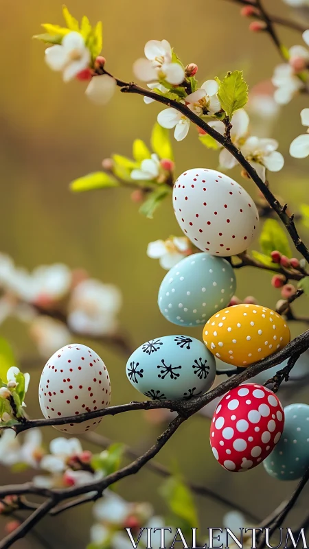 Spring blossoms cradle painted Easter eggs in gentle light.