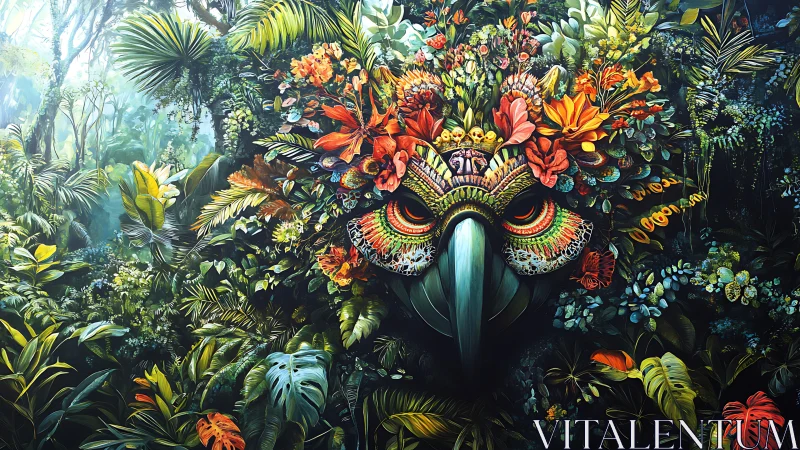 Vivid jungle mask emerges as a guardian spirit of nature