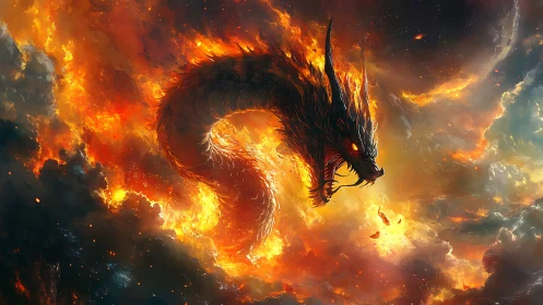 Solar storm dragon coils through burning nebula skies.