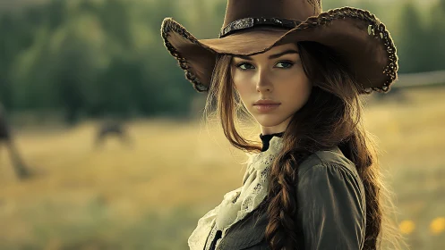 Woman in wide-brimmed leather hat in rural field setting.