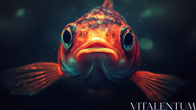 Glowing orange fish floats in moody deep-sea neon haze