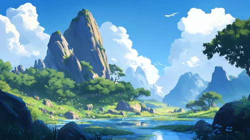 Digital landscape shows rocky peaks, river, and cloud formations