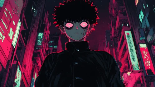 Psychic-empowered teen in neon-lit alley framed by vertical towers