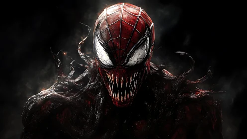 Hybrid symbiote creature with webbed mask and elongated teeth