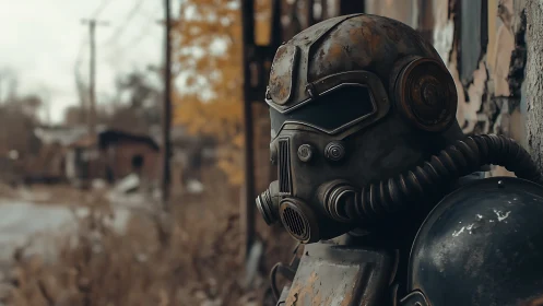 Rust-clad wasteland sentinel brooding by a forgotten road.