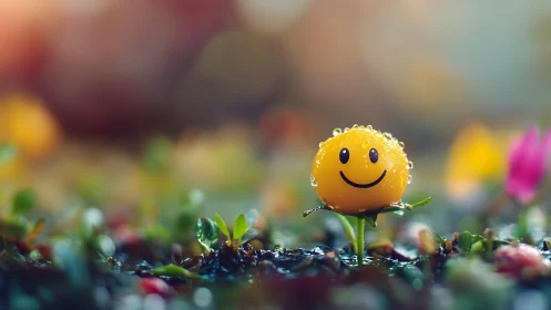 Smiling yellow sphere rests on tiny stem amid wet sprouts