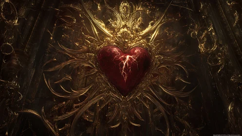 Crimson Heart with Radiant Golden Ornamental Framework and Lightning.