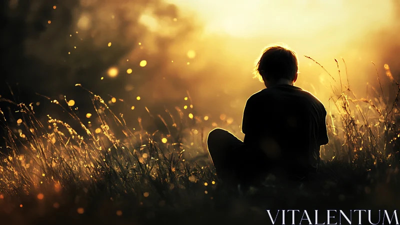 Backlit child silhouette in golden hour field with shallow depth