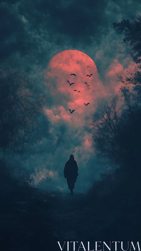 Solitary figure walks toward red moon through misted forest