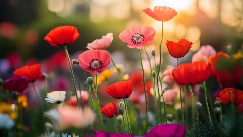 Field of red, pink, and white flowering plants with selective focus.