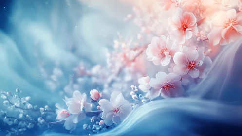 Ethereal Pink Blossoms Dancing in Dreamy Blue Light