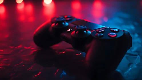 Game controller rests on textured surface under neon light