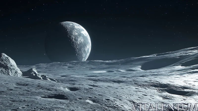 Lunar surface foreground with Earth rising along dark horizon