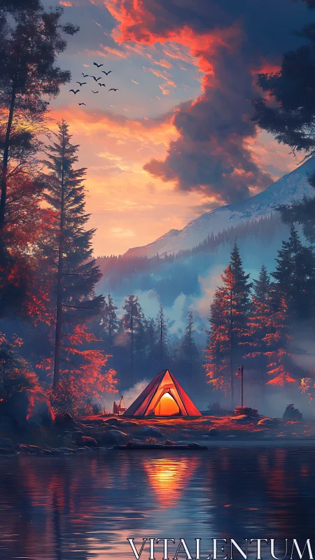 Golden campfire glow welcomes evening by the misty lake