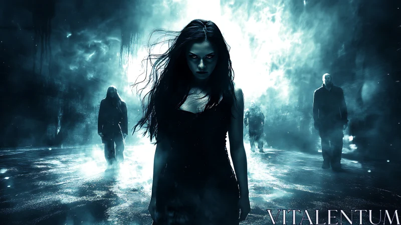 Woman in dark dress leading figures through misted street.