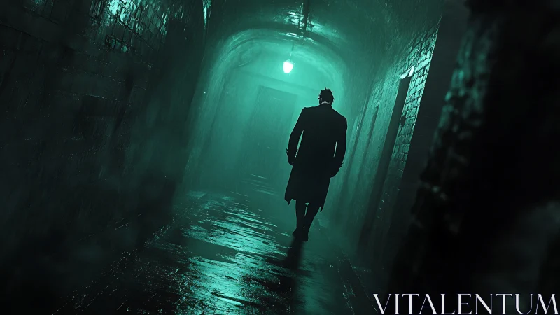 Solitary figure walks through narrow wet brick corridor