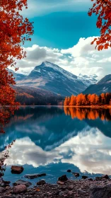 Vibrant alpine lake reflection with teal sky and ember foliage.