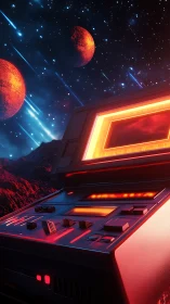 Retro sci fi control console glows beneath twin red planets