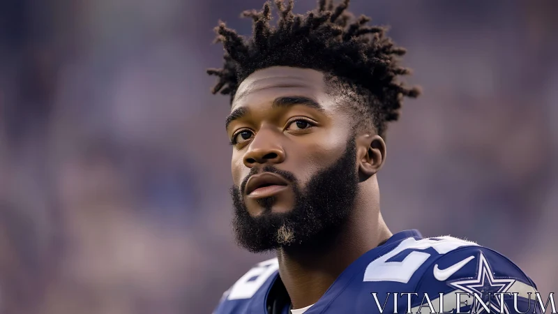 Focused football player portrait in blue team uniform.