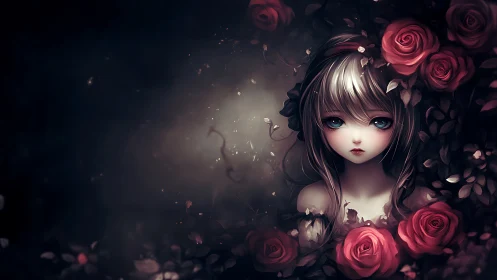 Melancholic anime girl framed by deep red roses.