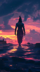 Silhouetted warrior walks toward vivid sunset horizon.