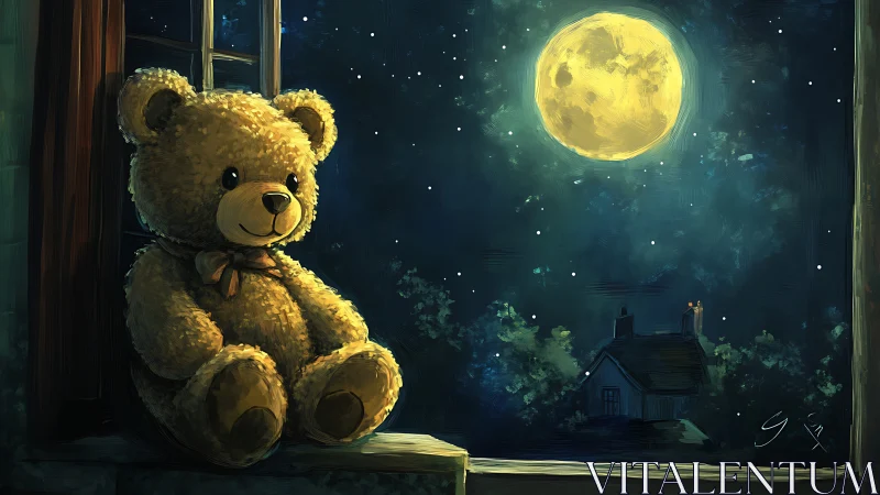 Moonlit teddy bear dreaming by a starlit night window.