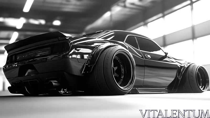 Ultra-widebody black muscle car gleams in modern garage.
