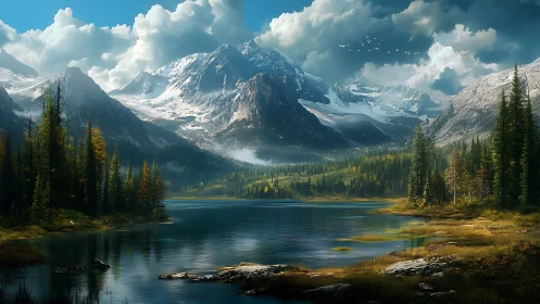 Snow-capped mountain range above conifer lake landscape.