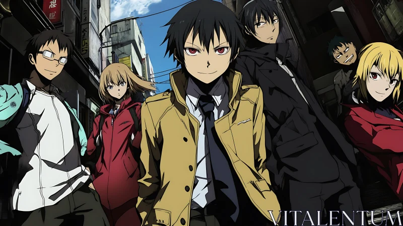 Streetwise anime crew stalking neon alleys with cool resolve.