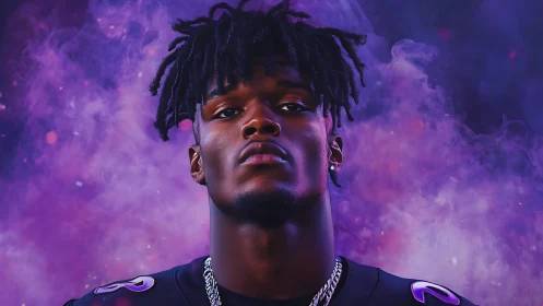 Confident football player stands strong in vibrant purple smoke