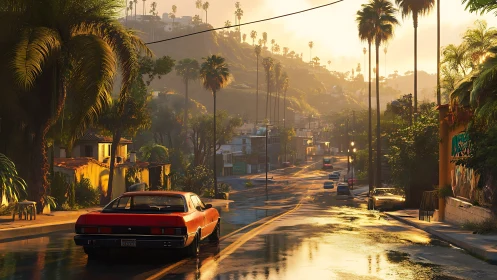 Sunlit palm-lined street with a vintage car after rainfall.