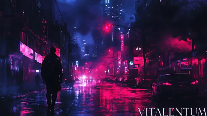 Neon-soaked cyberpunk street under rain-soaked midnight sky