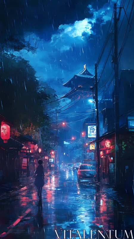 Rainy neon alley with pagoda under dramatic night sky.