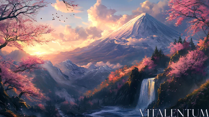 Sunlit snow peak above valley of cherry blossoms.