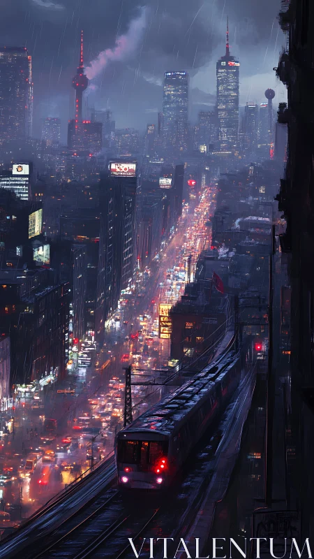 Rain-soaked elevated metro above neon-lit nocturnal megacity