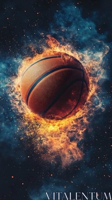 Exploding flaming basketball suspended in cosmic particle field